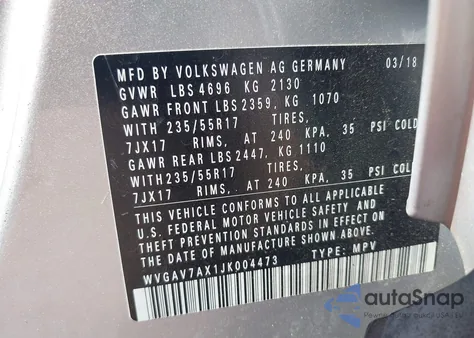 2018 Volkswagen Tiguan Limited 2.0T из США, поврежденный, VIN WVGAV7AX1JK004473